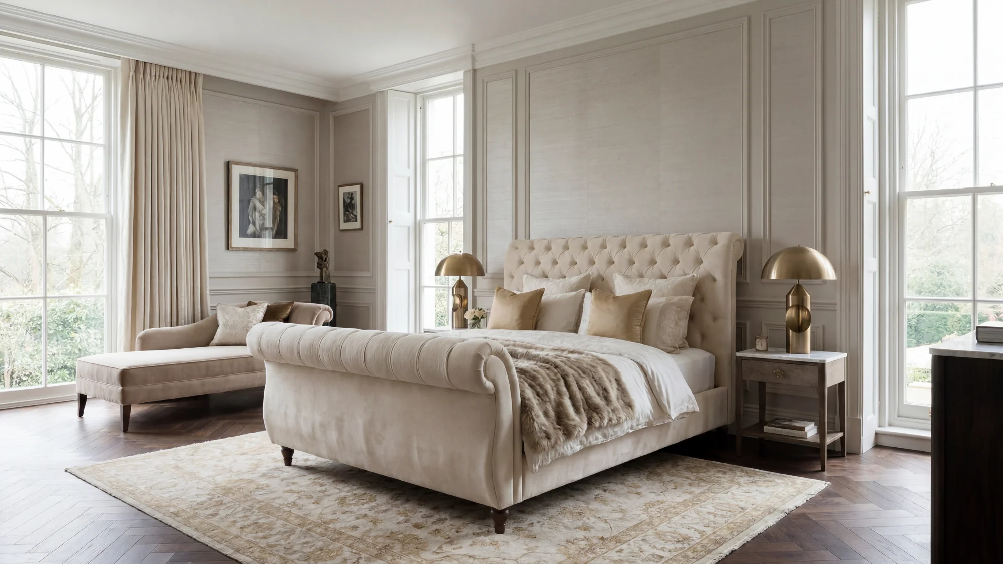 Chesterfield 7'0 Emperor Bed frame Velvet Cream Quick Ship - Image 2