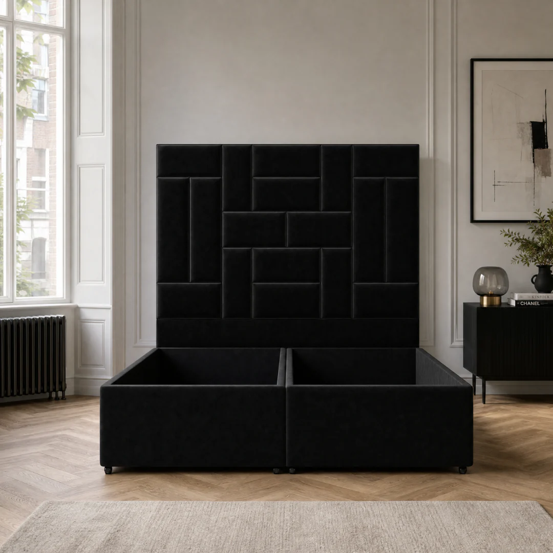 Rowe 5’0 Divan Headboard Set Velvet Black Quick Ship - Image 3